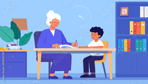 A woman and a boy sit at a desk in a room