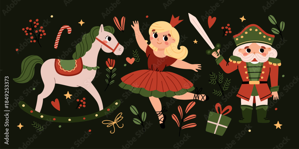 Fototapeta premium Magical fairy tale The Nutcracker, Christmas banner. Soldier, princess, horse and decorative elements. New Year's wooden toys. Cartoon vector illustration.