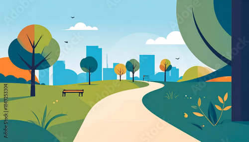 A stylized park scene with trees, a path, and distant buildings under a bright sky