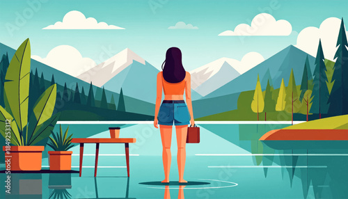 A woman stands facing a serene mountain lake on a bright day, holding a bag