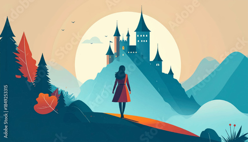 A woman walks toward a distant castle amidst blue mountains and trees under a soft, warm sunset sky