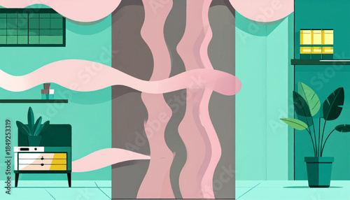 A stylized, pastel-toned room interior with furniture, plants, and draped fabric elements