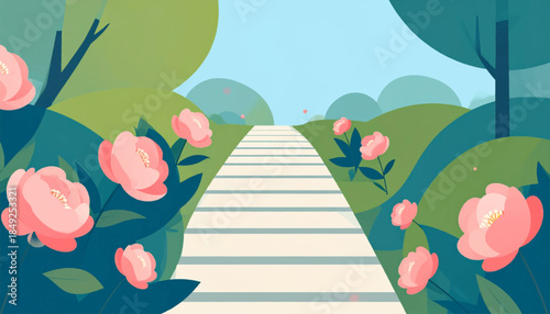 A gentle, flat illustration showing a light path amidst rolling hills and pastel pink flowers, under a light blue sky