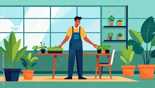 A gardener in overalls stands at a table with potted plants in a bright, plant-filled room with large windows