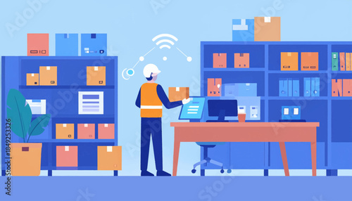 A worker in a warehouse scans boxes using digital technology, indoors