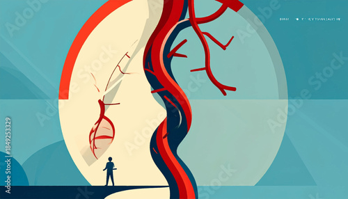 A stylized person standing near a huge, abstracted circulatory system illustration against a two-tone blue background