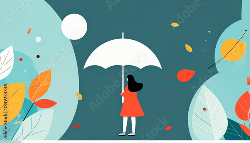 A girl holds a white umbrella among colorful falling leaves on a teal background, flat and illustrative style