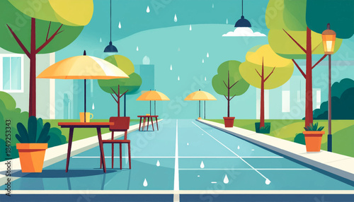 A stylized rainy street cafe scene with trees, umbrellas, and minimalist furniture in a cool color palette