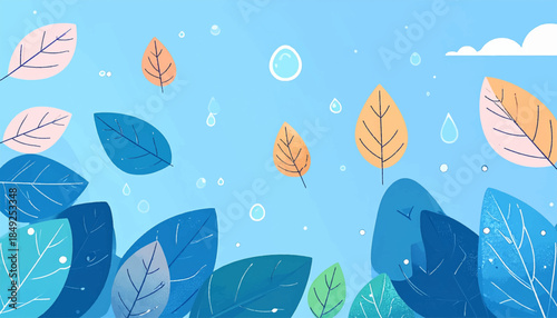 A gentle scene with stylized leaves, raindrops, and clouds on a blue background