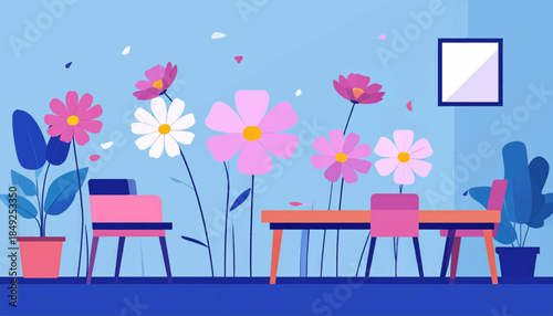 A stylized room interior scene with pink and white flowers, furniture, and a blue color palette