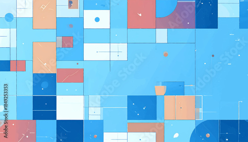 Abstract design with blue squares and rectangles in various shades, complemented with peach hues and sporadic circles