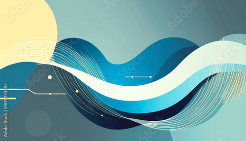 Abstract design featuring flowing blue shapes, a sun-like circle, and subtle linear details