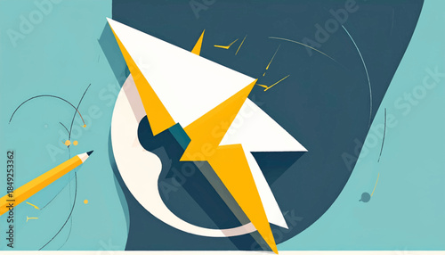 Abstract art. An artful composition featuring geometric shapes, a pencil, and light lines on varied cool tones