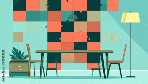 A stylized room scene with a tiled wall, table, chairs, floor lamp, and a small potted plant