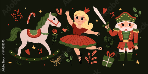 Magical fairy tale The Nutcracker, Christmas banner. Soldier, princess, horse and decorative elements. New Year's wooden toys. Cartoon vector illustration.