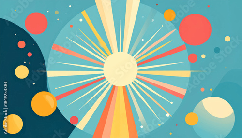 Abstract art featuring a burst of rays surrounded by floating circles against a blue backdrop