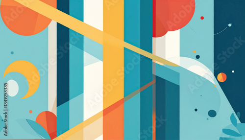 Abstract design with colorful stripes, circles, and intersecting lines on a calming blue background