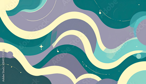 Abstract art features waves of varying shades of teal, cream, and purple, dotted with stars and musical notes