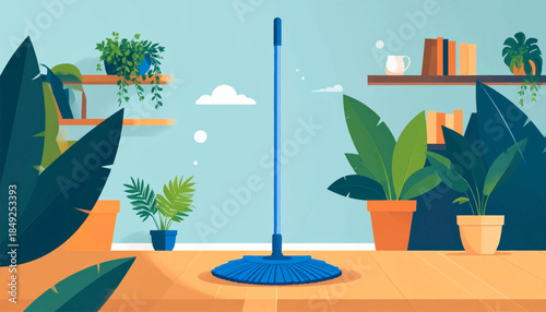 A stylized room with plants, shelves and a blue mop on wood floor against a light blue wall, evokes a sense of calm