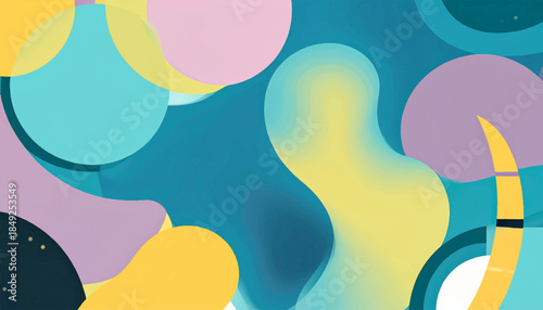 Abstract art with pastel circles & organic shapes in blue, purple, yellow, & aqua blending into each other seamlessly