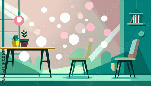 A stylized, vector illustration of an interior setting with furniture, plants, and geometric shapes