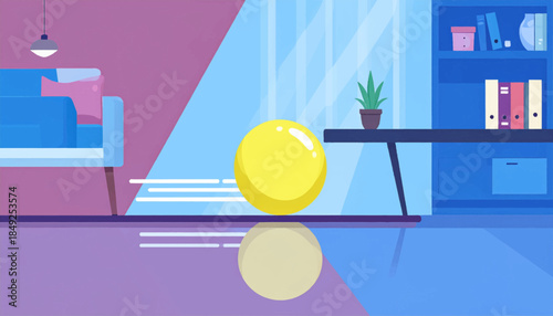 Abstract flat design living room with a yellow ball rolling and reflecting on the floor