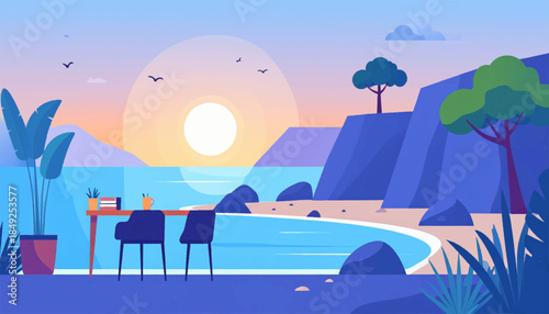 A stylized vector illustration shows an outdoor desk scene overlooking a beach at sunrise with blue hues and greenery