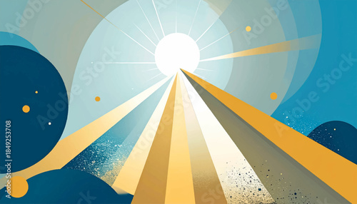 Abstract sky art with lines leading to a central sun with blue and gold shades, modern and simple