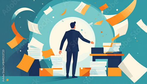 An employee faces a chaotic paper storm in stylized illustration with blues, oranges, and whites