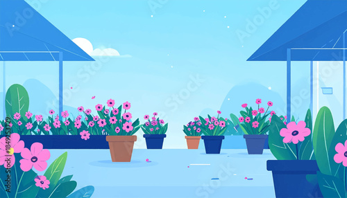 An airy, floral rooftop garden in a calming color scheme with pink blossoms against a blue sky backdrop