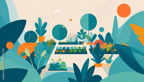 Abstract garden art with stylized plants in pots and ground, using teal, green, orange, and white colors