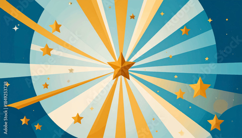 Abstract starry burst in blue & gold, cartoon style with hand drawn feel