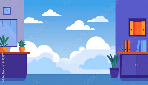 An empty office space with desks, plants, cabinets and a window view of blue sky and clouds