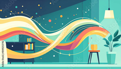 Abstract, stylized living room with light streams, potted plant, and a bookcase, against dark teal