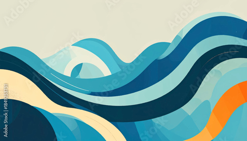 Abstract, stylized waves in blue and cream hues create a fluid, minimalist landscape composition