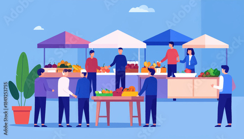 A vector illustration of people shopping at a local outdoor farmer's market under a blue sky with clouds
