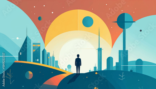 Abstract stylized cityscape with a lone figure against a geometric landscape and a colorful sky