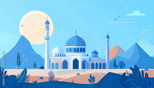 A vector landscape illustration with a mosque, mountains, trees, birds, and a large sun in blue, white, and tan