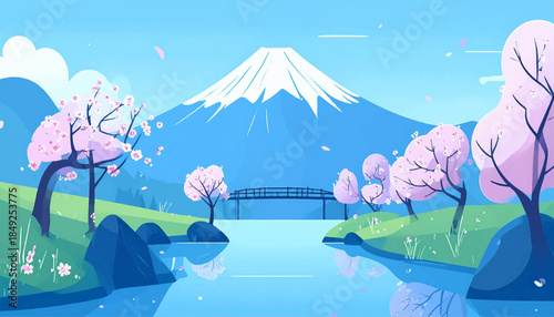 A tranquil, stylized scene with cherry blossoms, a mountain, lake, bridge and blue sky