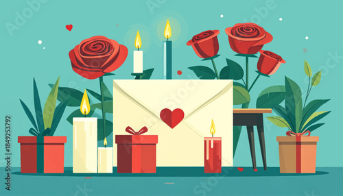 An illustrated Valentine's scene with roses, gifts, candles and love letters on a teal background