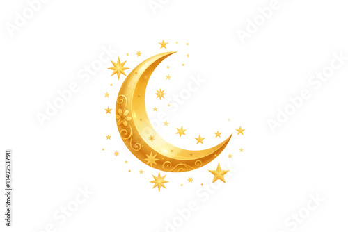 Crescent moon and stars gold transparent graphic element