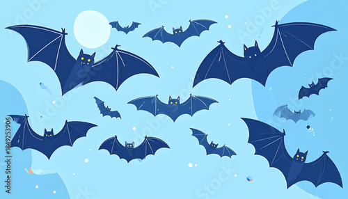 Bat silhouettes with yellow eyes fly in a light blue sky with a glowing, full moon, creating a spooky illustration
