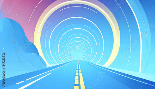 Abstract tunnel vision of a road heading into an endless spiral, blue and pink sky, cartoonish
