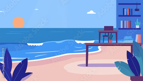Beach office illustration featuring desk,chair,shelf. Sky with sun,sea and clouds