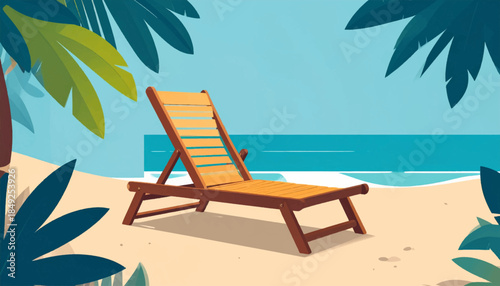 Beach chair on the sand with palm trees, flat illustration of a relaxed summer vacation scene at a tropical resort