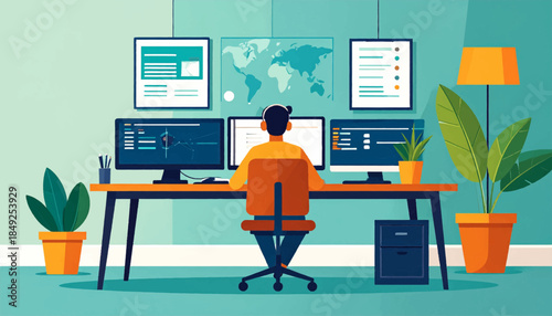 An illustration of a person at a desk with multiple monitors and plants in a modern office space setting