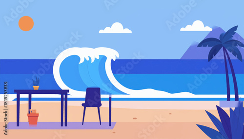 Beach scene with ocean wave, table, chair, palm, mountain, sky, clouds, & orange sun