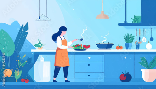 An illustration of a person cooking in a blue-toned kitchen, surrounded by plants and preparing a colorful salad
