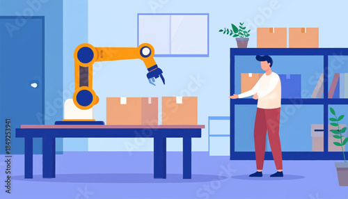 An illustration of a person overseeing an automated robot arm working with boxes in an interior space