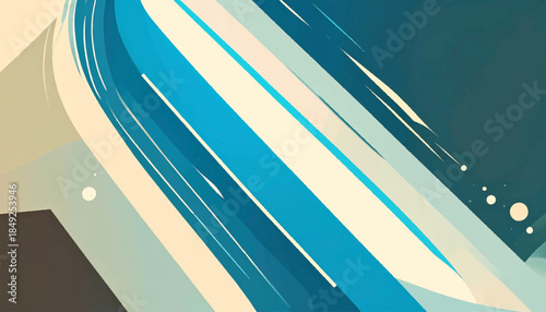 Abstract vector illustration with angled blue and beige blocks and stripes, plus small floating white circles